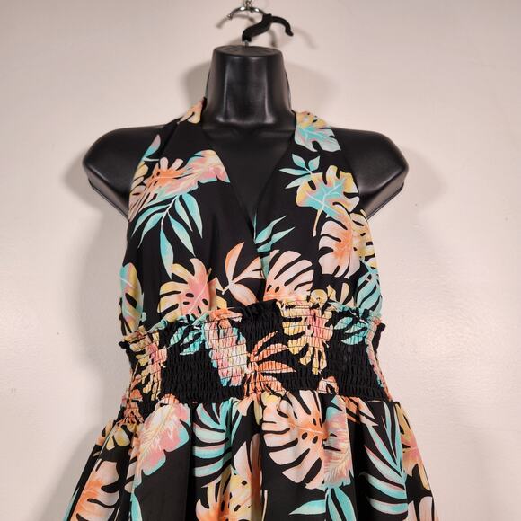 MADDEN NYC Black Beauty Plunge Halter Dress Juniors XL Black Pastel Tropical - Picture 8 of 11